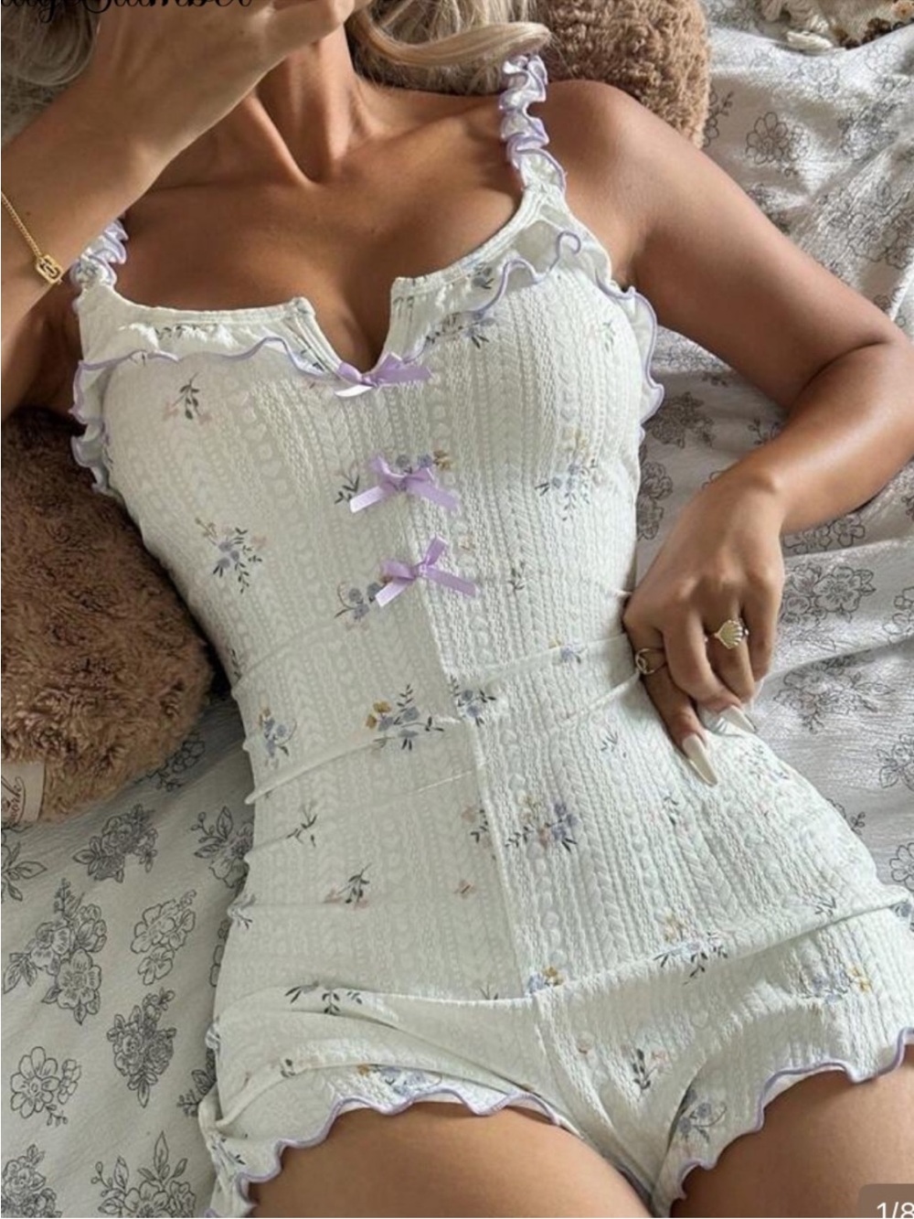 Women’s White Floral Ruffle Romper with Lavender Accents